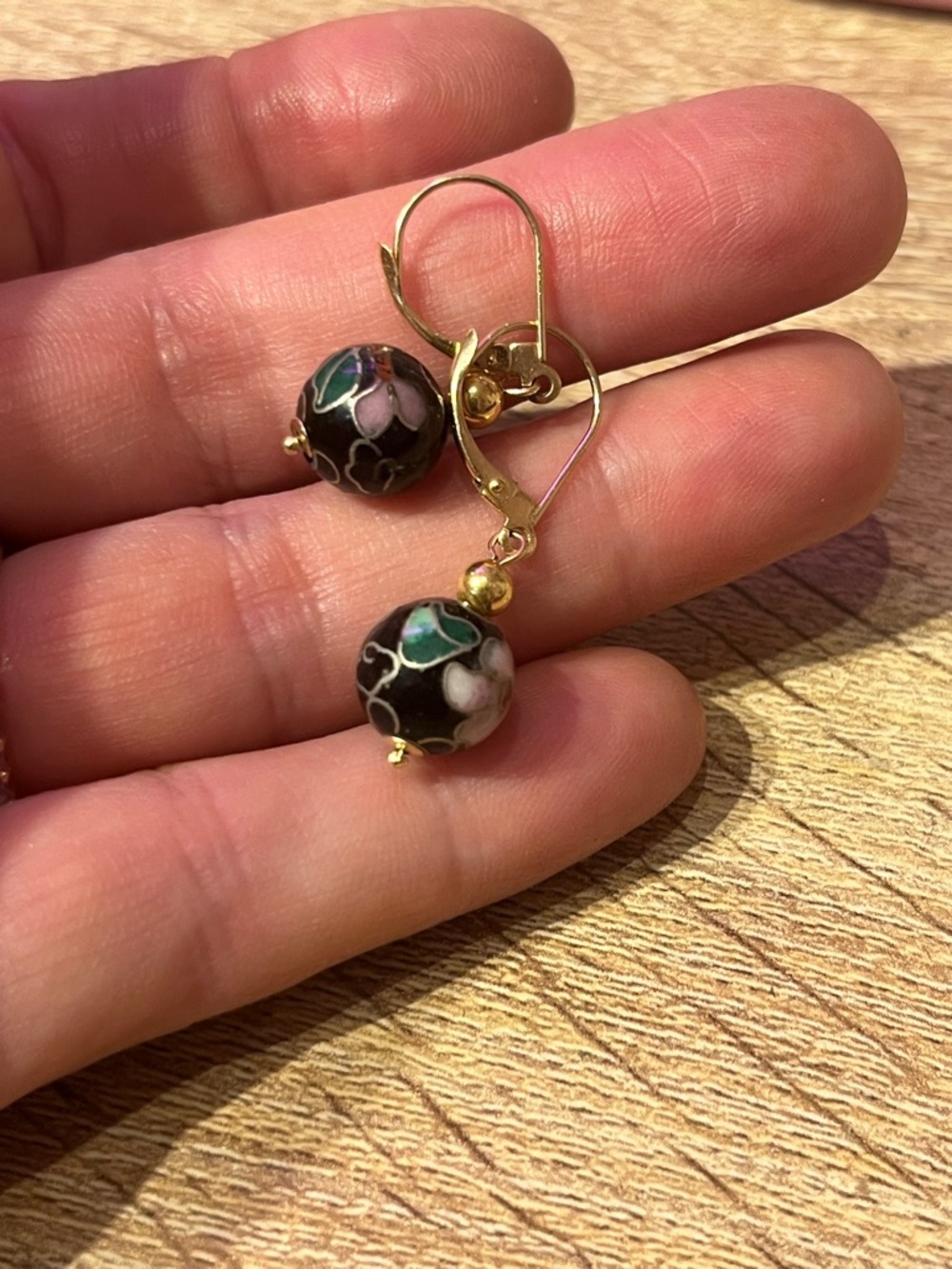 14k Gold Leverback Cloisonné Floral Drop Earrings in Black